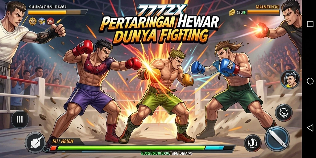 Screenshot utama 777ZX menunjukkan karakter bertarung dalam arena yang menegangkan.