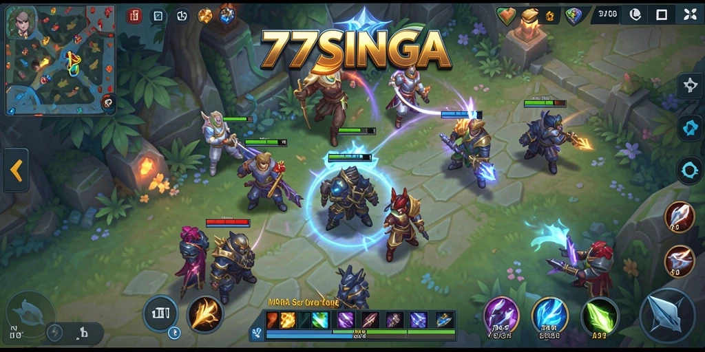 Tampilan gameplay MOBA yang intens di 77SINGA.