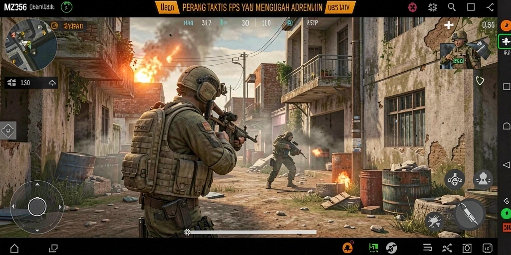Screenshot gameplay intens dari MZ356 yang menunjukkan pertempuran FPS.