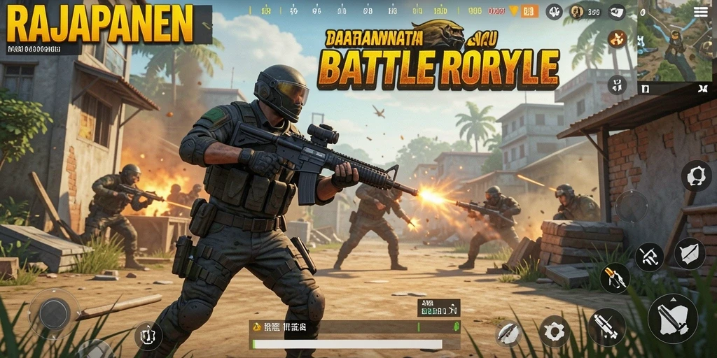 Screenshot gameplay RAJAPANEN menampilkan aksi seru dalam pertempuran Battle Royale.