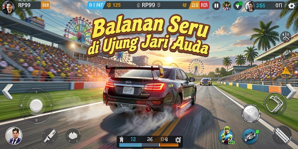 Screenshot gameplay RP99 menampilkan aksi balapan yang intens.